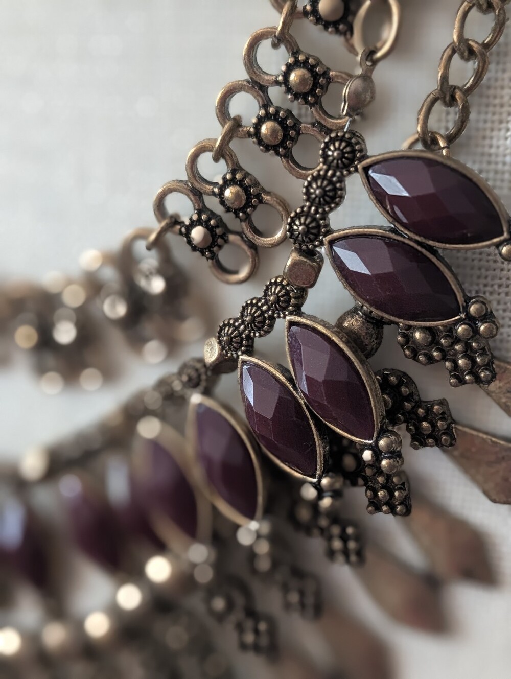 Wine Burgundy Statement Necklace Antiqued Gold Tone Layered Bib 18–21"